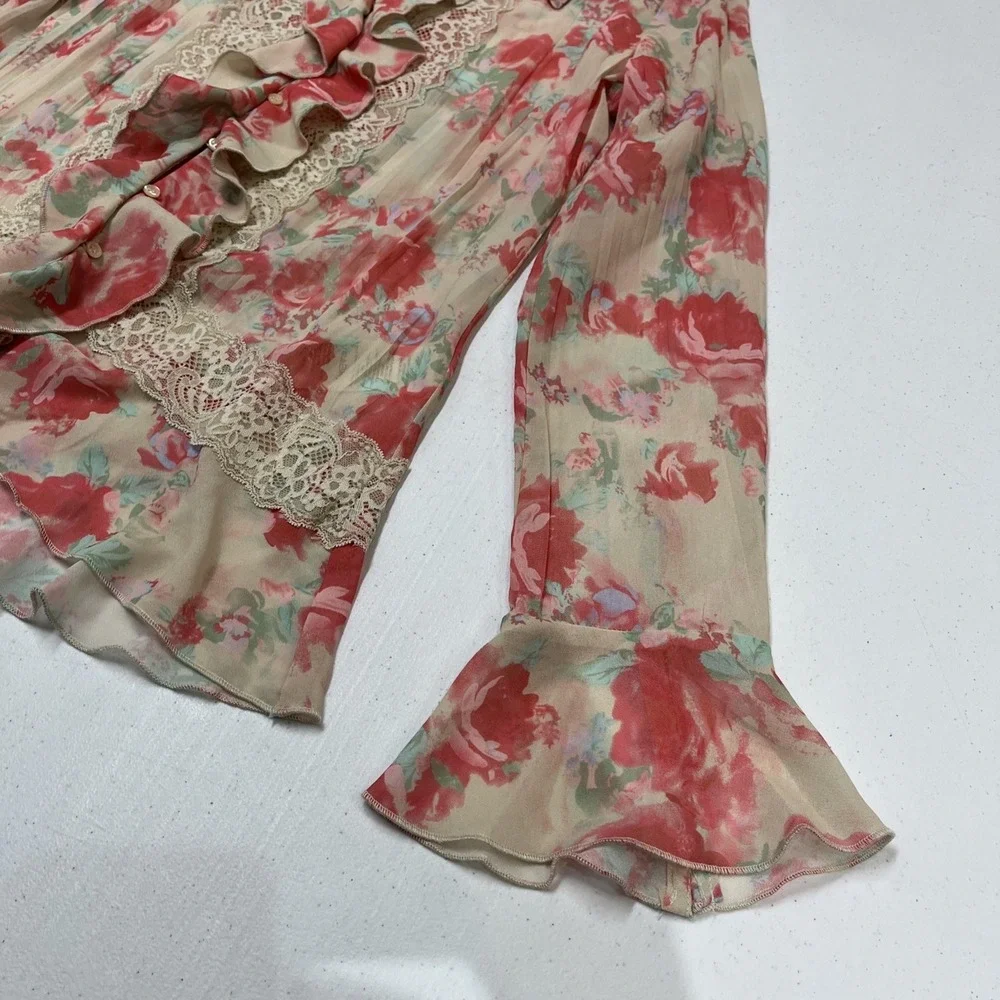Free People Top Ivory Pink Floral‎ Ruffle Button Down Size M Victorian Feminine